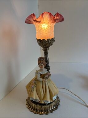 Vintage Victorian Lady Figurine Table Lamp Pink Floral Glass Boudoir Cottagecore